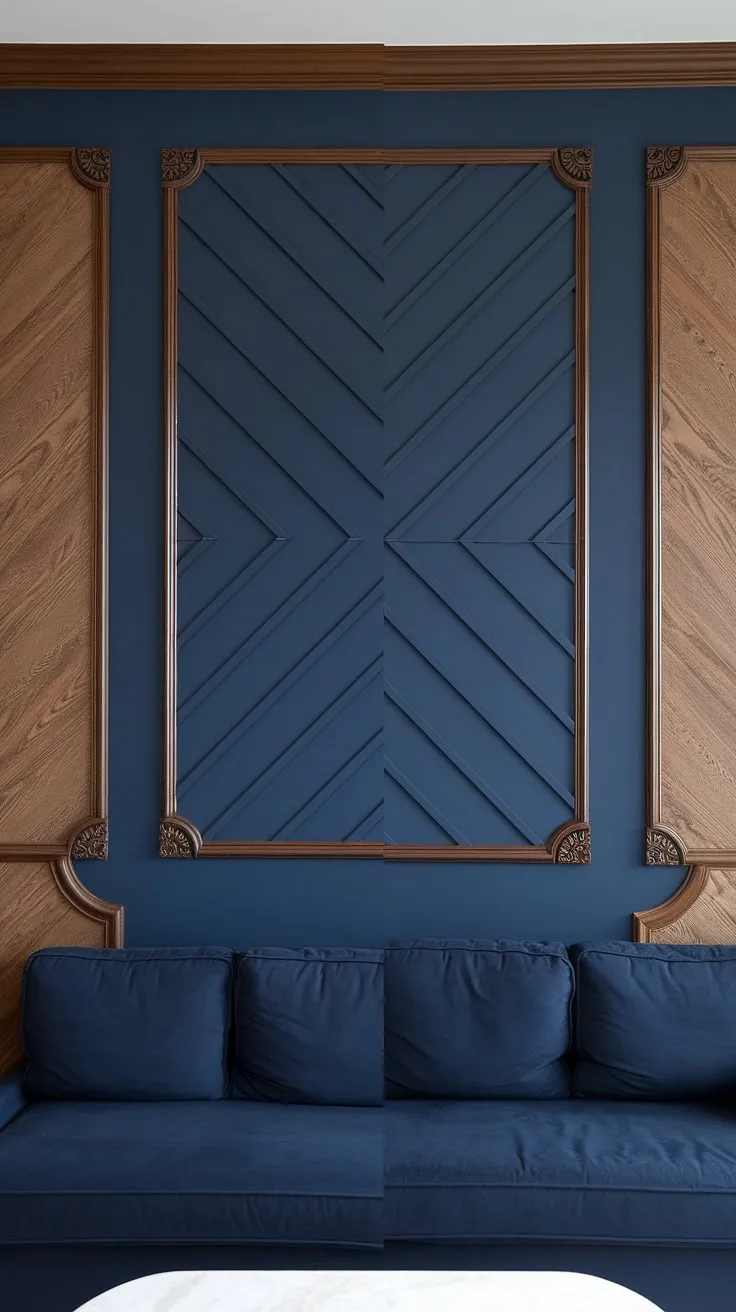 This stunning split wall design transforms our family room. The navy and wood accent wall, featuring a geometry accent wall with raised accent wall details and intricate trim pieces on wall, adds depth and texture.  The 3d wall ideas create a focal point, showcasing the artistry of wood design on wall interiors and wall moldings and trim.