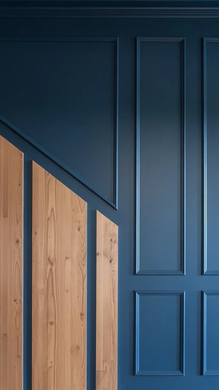 This navy and wood accent wall transforms our family room. The split wall design, featuring geometric shapes and a raised accent, adds depth and visual interest.  3D wall ideas like this, with carefully placed trim pieces on the wall and wall moldings and trim, elevate the space. The wood design on wall interiors is a stunning focal point.