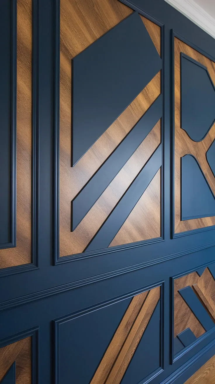 Transform your family room with this show-stopping 3d accent wall. The split wall design masterfully combines navy and wood, creating a striking geometry accent wall.  Notice the exquisite detail in the raised accent wall and the carefully placed trim pieces on wall and wall moldings and trim. This 3d wall ideas masterpiece is a testament to the power of wood design on wall interiors.