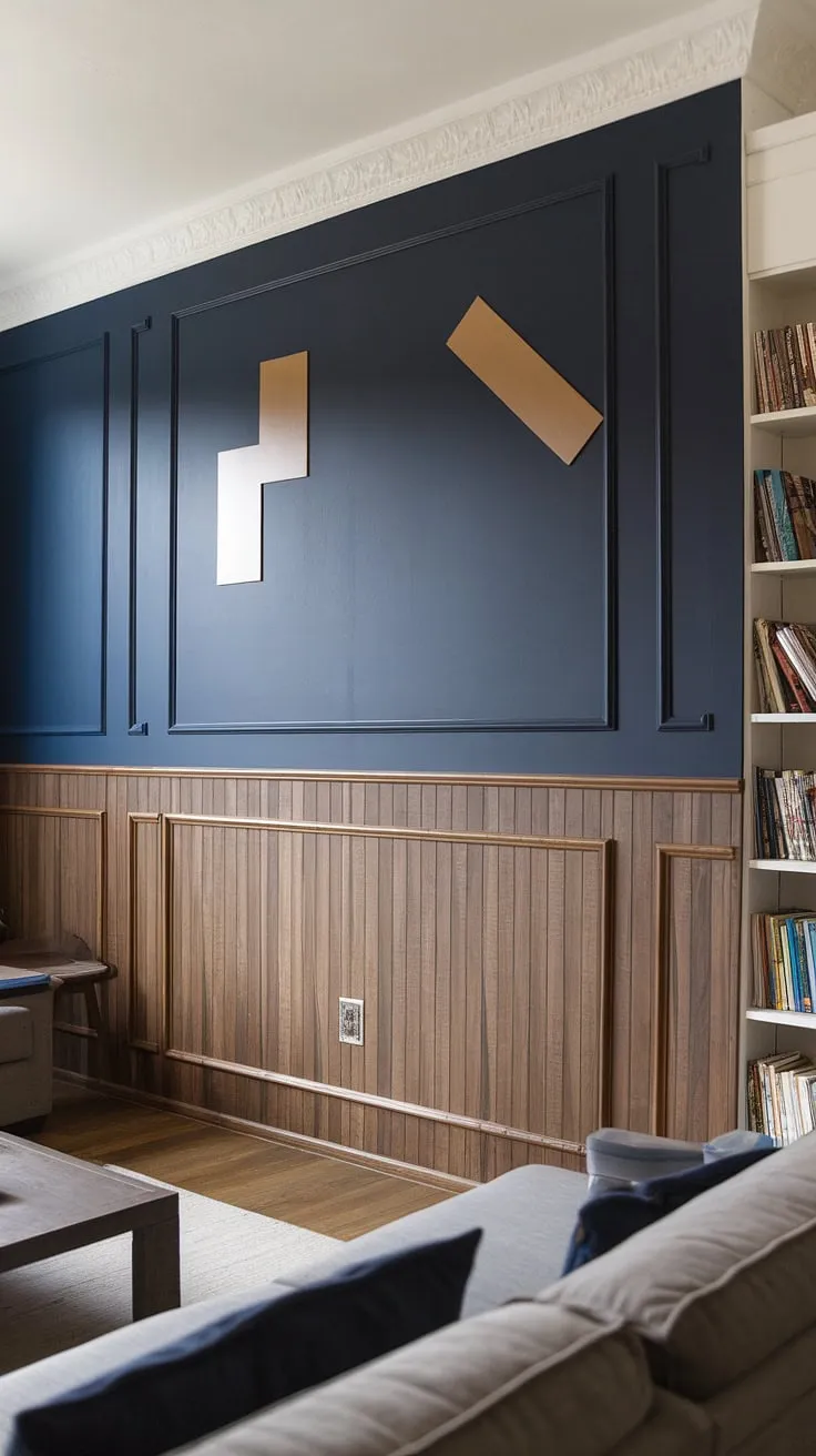 Transform your living space with this inspiring 3D accent wall. The geometry accent wall, a masterpiece of navy and wood accent wall design, uses a split wall design to create a striking visual impact.  Notice the carefully placed trim pieces on wall and wall moldings and trim, enhancing the raised accent wall's three-dimensional effect. This wood design on wall interiors is a perfect example of how to incorporate texture and color for a truly unique and memorable family room.