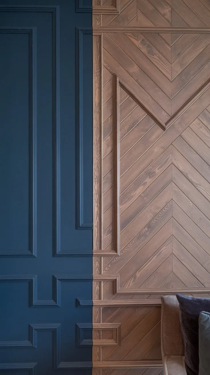 A cozy haven created with this 3D accent wall!  The split wall design, incorporating a navy and wood accent wall, is a showstopper.  We love the geometry accent wall's 3D effect, enhanced by the carefully placed trim pieces on wall and wall moldings and trim. This raised accent wall is the perfect blend of style and comfort, showcasing unique wood design on wall interiors.