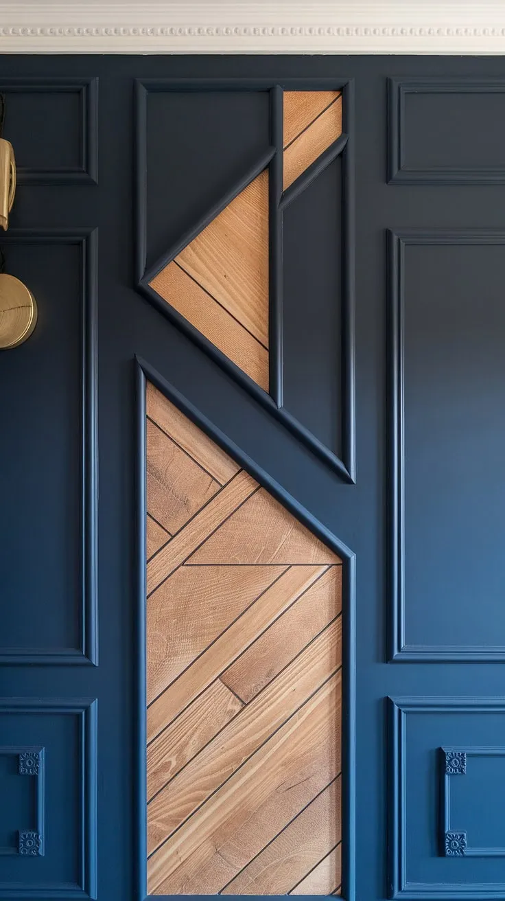 A captivating geometry accent wall transforms this family room. The split wall design cleverly combines navy and wood, creating a striking 3D accent wall with raised accent wall sections.  Detailed trim pieces on the wall and wall moldings and trim enhance the intricate wood design on wall interiors, showcasing innovative 3d wall ideas.