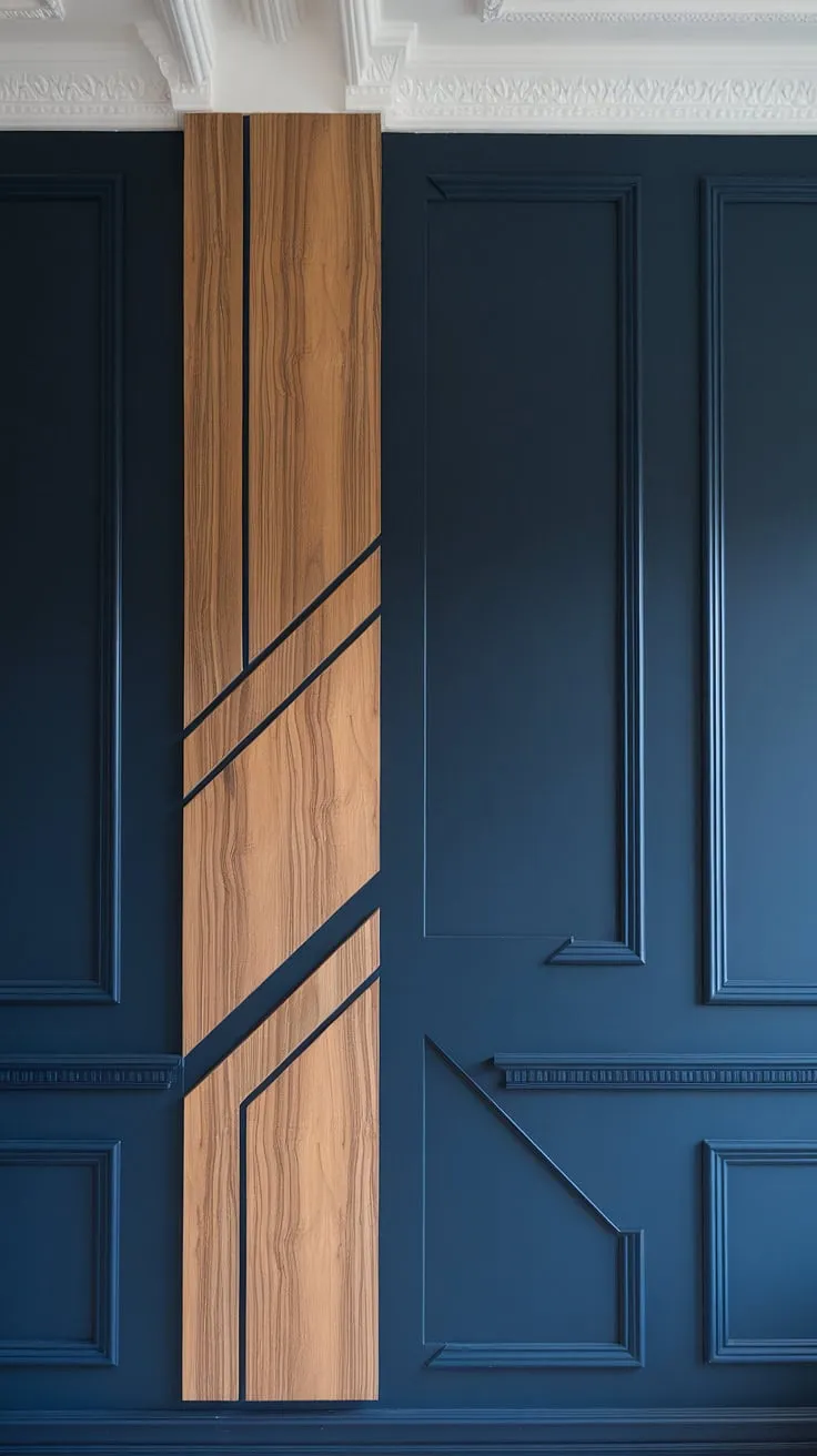 The 3D accent wall in this family room is a showstopper.  A sophisticated blend of navy and wood, the geometry accent wall's split wall design and raised accent wall add depth and texture.  The careful detailing, including trim pieces on the wall and wall moldings and trim, perfectly complements the wood design on wall interiors, creating a truly captivating space.
