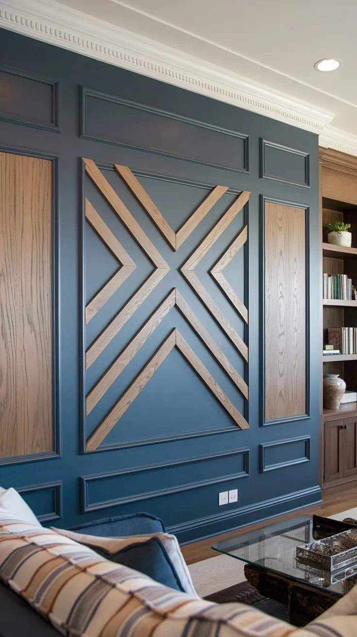 The geometry accent wall in this family room is a breathtaking example of 3D wall ideas. The split wall design cleverly combines navy and wood, creating a rich and textured focal point.  Notice the meticulous detail in the trim pieces on the wall, raised accent wall, and wall moldings and trim.  This is sophisticated interior design at its finest.