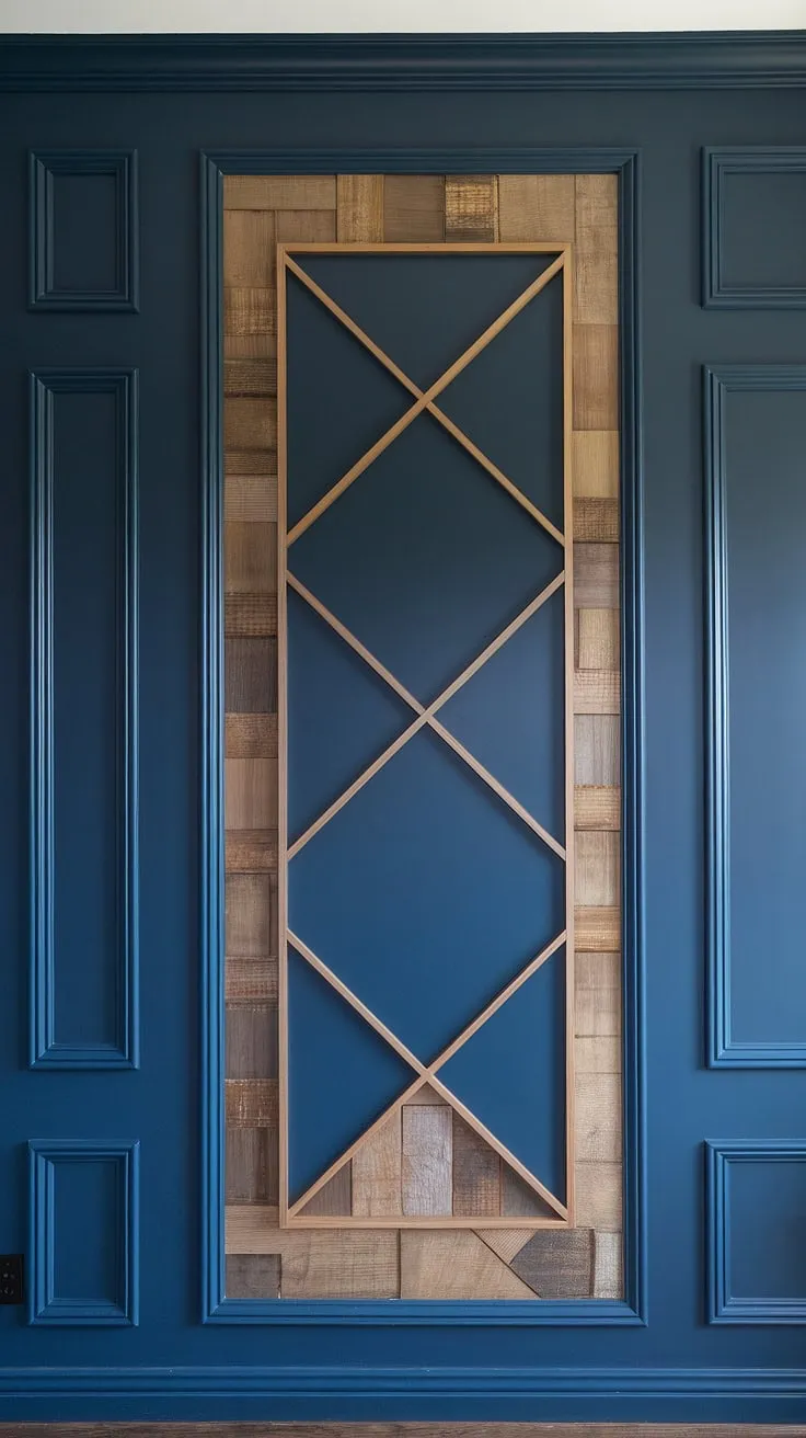 The family room is elevated to new heights with this show-stopping accent family room wall.  A sophisticated split wall design combines navy and wood in a breathtaking 3d accent wall.  Intricate geometry accent wall patterns, complemented by carefully placed trim pieces on wall and wall moldings and trim, bring depth and texture to the space.  The raised accent wall, a masterpiece of 3d wall ideas, features a stunning wood design on wall interiors.