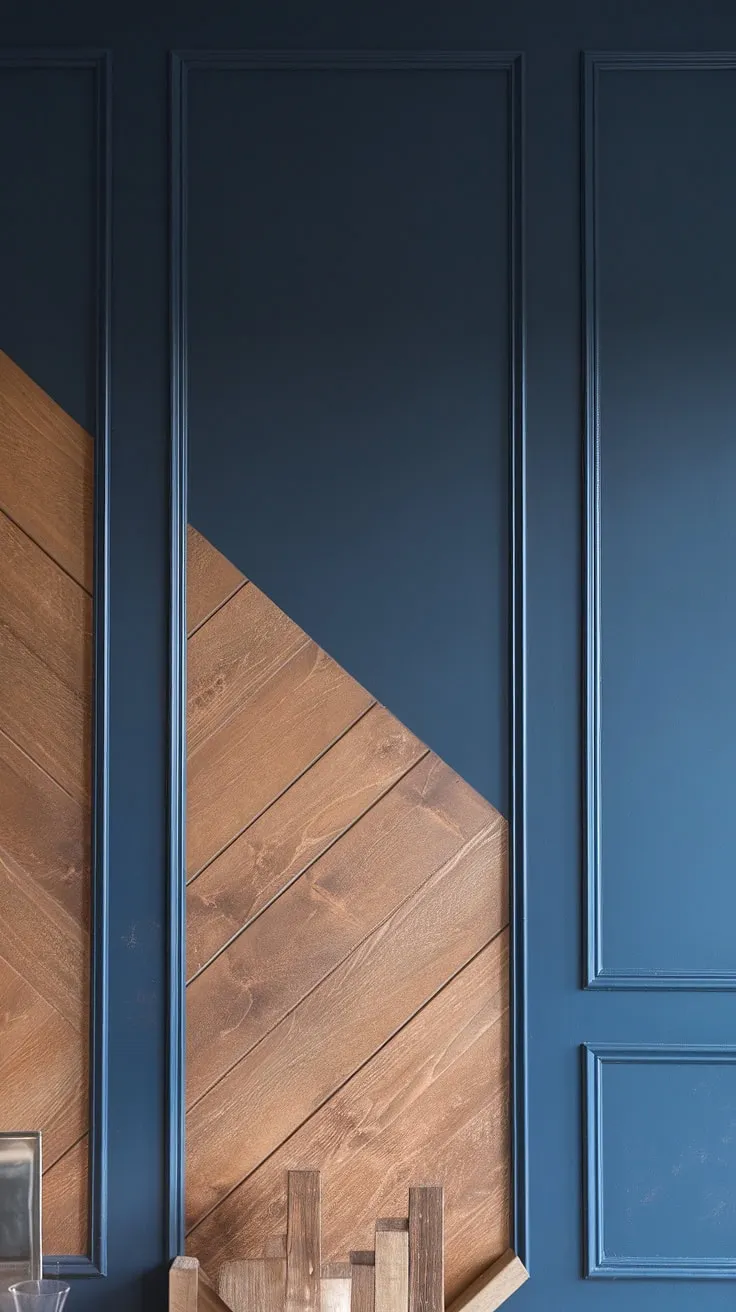 The geometry accent wall in this family room is pure artistry.  A striking combination of navy and wood, the 3d accent wall boasts a split wall design, showcasing the interplay of raised accent wall elements, trim pieces on the wall, and carefully placed wall moldings and trim.  This 3d wall ideas masterpiece is a testament to modern interiors style and the power of a well-executed wood design on wall.