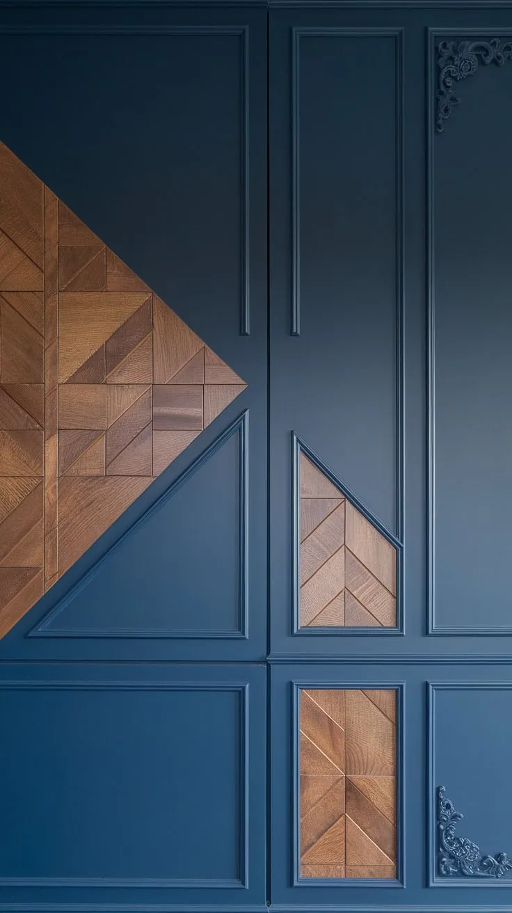 Sophisticated meets modern in this family room, thanks to a breathtaking 3D accent wall. The split wall design cleverly combines navy blue triangles and wood squares, showcasing 3d wall ideas with raised geometric shapes and wall moldings and trim. This raised accent wall, a masterpiece of wood design on wall interiors, is the ultimate statement piece.