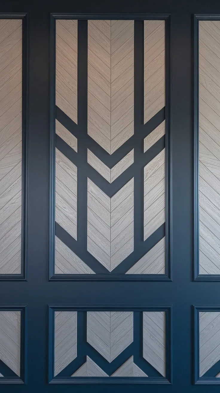 This stunning split wall design transforms our family room. The navy and wood accent wall, featuring a raised geometric wood design in light and dark greys, creates a captivating 3D accent wall.  The carefully placed trim pieces on wall add depth and dimension, showcasing the artistry of wall moldings and trim.  This 3d wall ideas masterpiece is the perfect blend of modern and sophisticated.