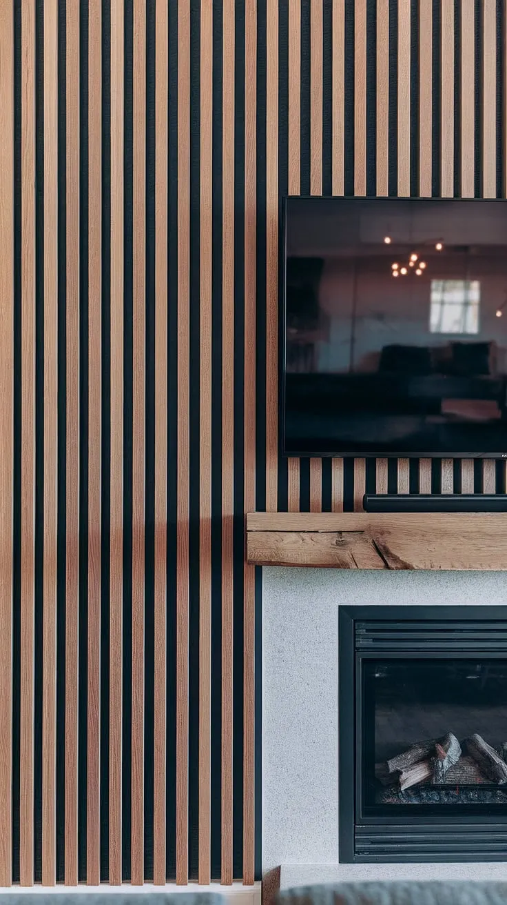 Warmth and style collide in this living room makeover!  The accent fireplace wall, featuring acoustic slat wood wall panels, is a showstopper.  This DIY wood slat accent wall project is a testament to how accent wall panels can elevate a space, creating a beautiful backdrop for the TV and a truly unique design.  It's the perfect blend of form and function, showcasing the best of accent wall ideas for a living room.