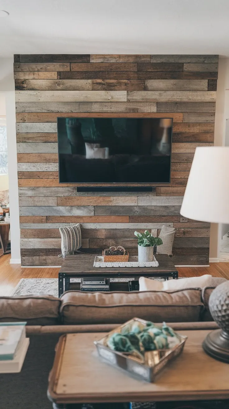 This DIY wood slat accent wall, crafted from acoustic slat wood wall panels, completely transforms the living room.  The rustic texture adds warmth, and the placement behind the TV creates a stunning focal point, showcasing the perfect blend of modern and rustic design.  This is a prime example of accent wall ideas living room, and the accent fireplace wall effect is simply breathtaking.
