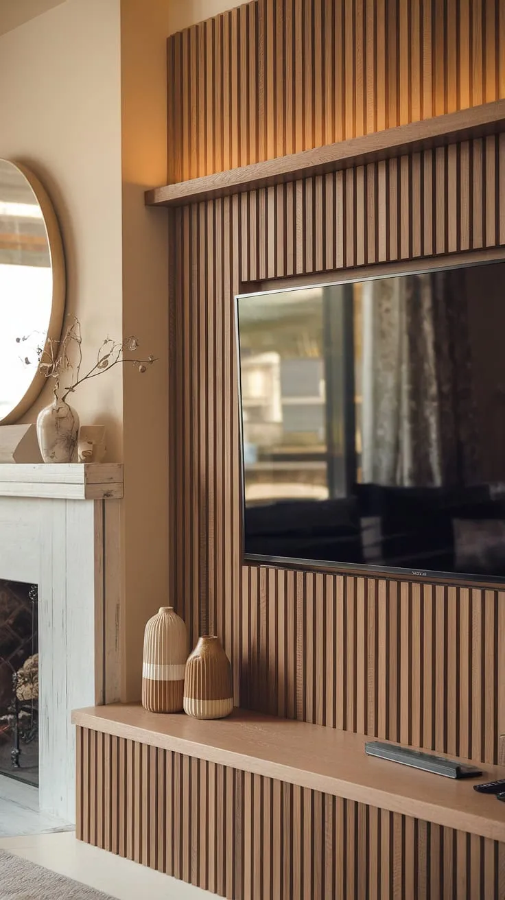 The rich texture of this DIY wood slat accent wall adds instant character to the living room.  Used as an accent wall behind tv, these acoustic slat wood wall panels not only enhance the aesthetics but also improve the room's acoustics. The accent fireplace wall adds a touch of elegance, making this a truly inspiring example of accent wall ideas living room.