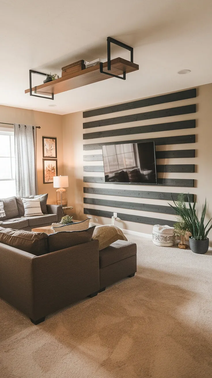 Transform your living room with this inspiring DIY project!  The accent fireplace wall (or in this case, the accent wall behind the TV) is crafted from acoustic slat wood wall panels, offering both style and functionality. These accent wall panels create a striking feature, showcasing a simple yet sophisticated design.  This accent wall ideas living room example proves that even a DIY wood slat accent wall can elevate your space to new heights of comfort and elegance.