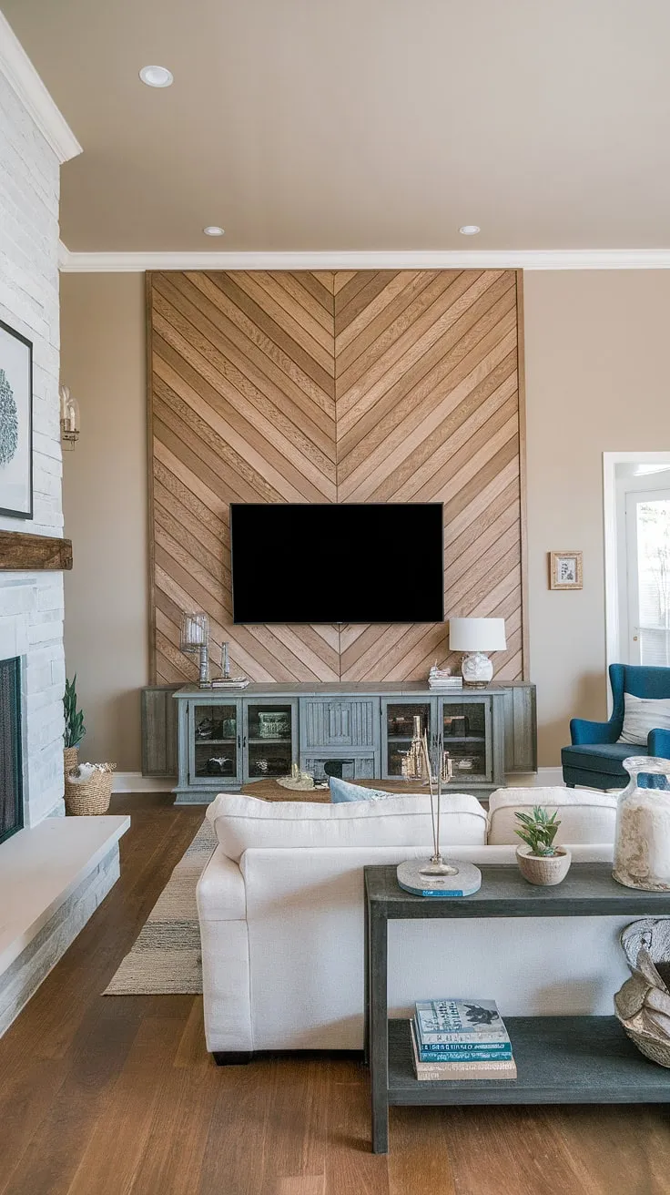 The rich tones of the acoustic slat wood wall panels on this accent fireplace wall bring a modern yet cozy feel to the living room.  The DIY wood slat accent wall behind the TV is a showstopper, showcasing creative accent wall ideas living room and proving that accent wall panels can dramatically elevate a space.