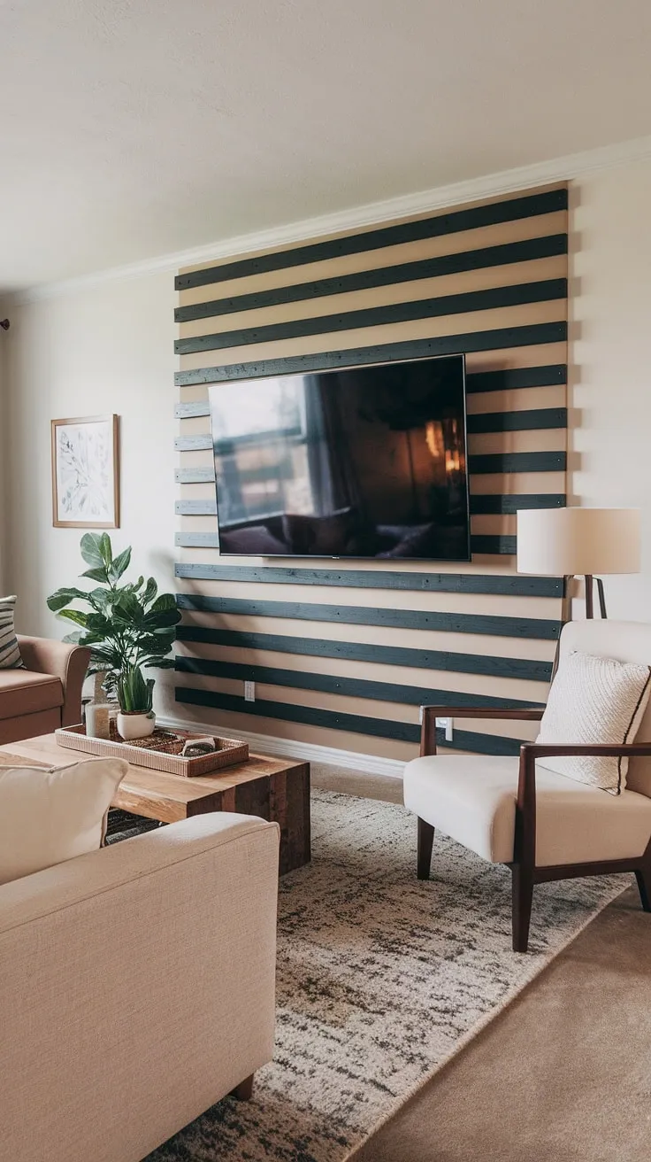Transforming a blank wall into a stunning focal point! This DIY wood slat accent wall, acting as a chic accent fireplace wall, adds warmth and texture to the living room.  The acoustic slat wood wall panels not only enhance the aesthetics but also improve the room's acoustics.  A perfect example of accent wall ideas living room, especially with the accent wall behind TV.