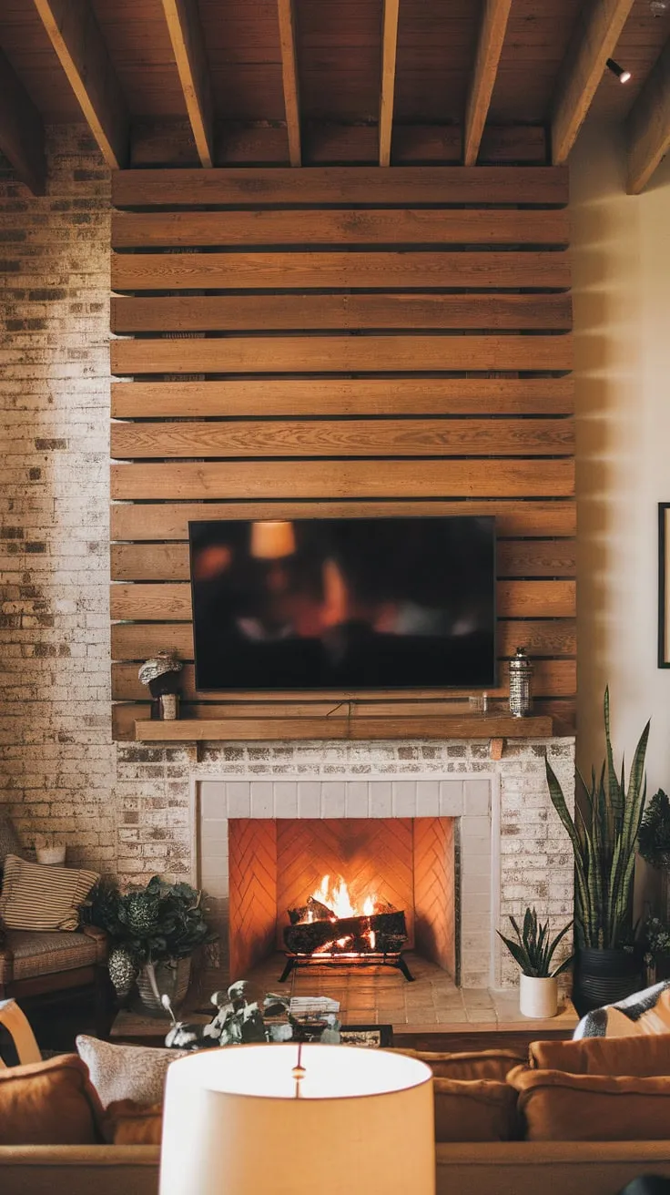 The warm glow of the fireplace casts a cozy ambiance on this rustic living room, perfectly complemented by the DIY wood slat accent wall behind the TV.  Acoustic slat wood wall panels create a stunning focal point, offering both style and sound absorption. This accent wall ideas living room project showcases the beauty of natural materials and transforms the space.
