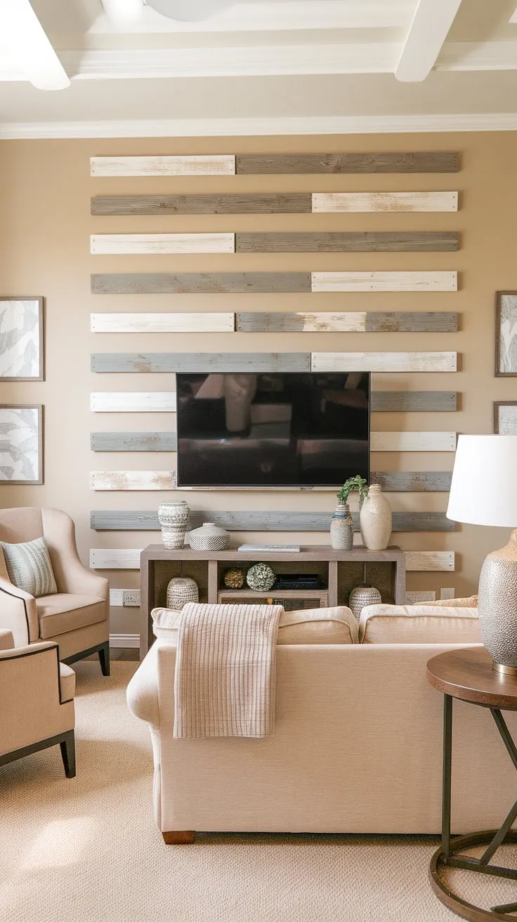 This living room's sophisticated vibe is all thanks to the gorgeous DIY wood slat accent wall.  The neutral tones of the accent wall panels create a calming atmosphere, while the unique design adds visual interest.  Serving as both an accent fireplace wall and an accent wall behind TV, this project is a masterclass in accent wall ideas living room. The acoustic slat wood wall panels are a bonus, offering both style and functionality.