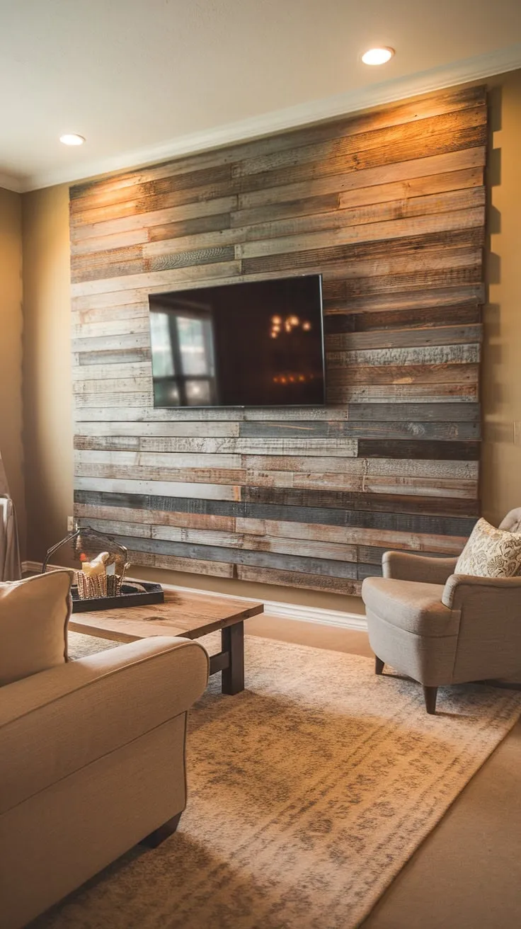 Transforming a blank wall into a stunning focal point! This DIY wood slat accent wall, acting as a beautiful accent fireplace wall, adds rustic charm and warmth to the living room.  The acoustic slat wood wall panels not only enhance the aesthetics but also improve the room's acoustics.  Perfect accent wall ideas living room, especially with the accent wall behind tv setup.