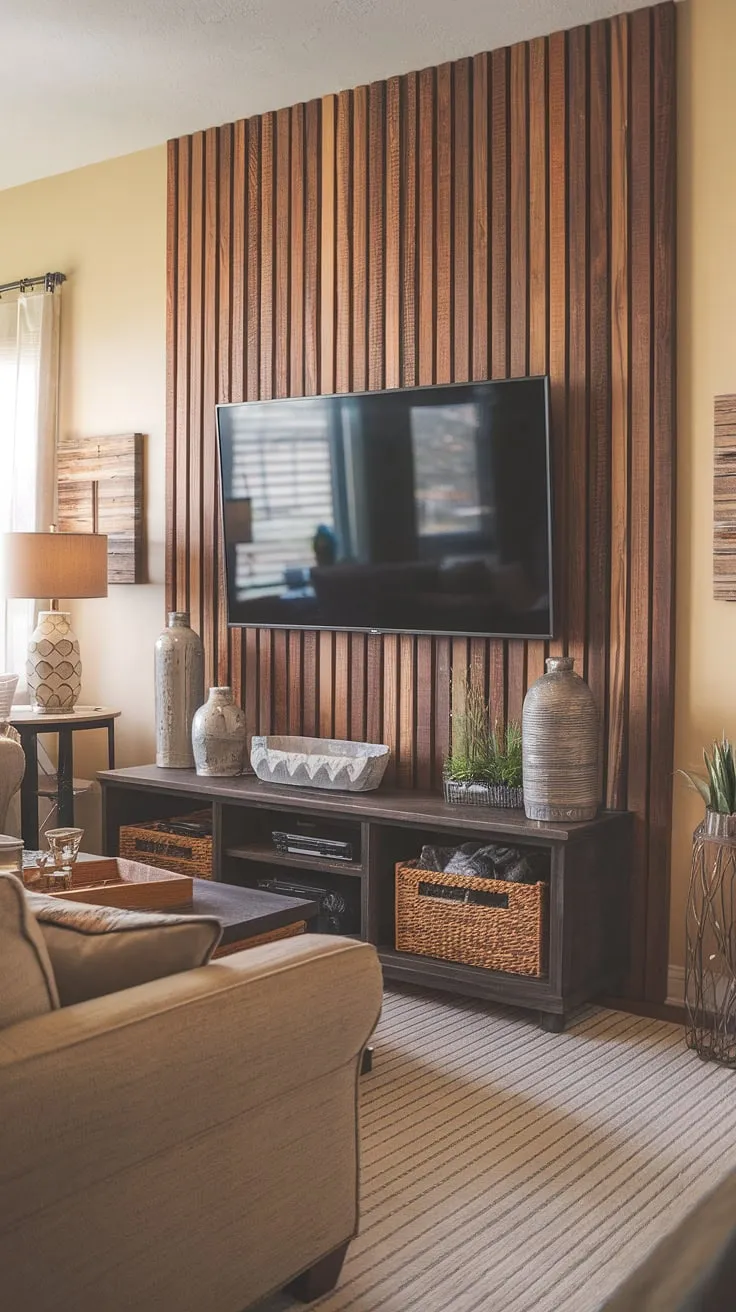 Transforming a living room with a DIY wood slat accent wall is easier than you think! This rich brown acoustic slat wood wall panels create a stunning focal point behind the TV, adding warmth and texture.  The accent fireplace wall (though not a real fireplace) adds a touch of rustic elegance, showcasing the versatility of accent wall ideas living room.  The accent wall panels are the perfect solution for a cozy and stylish upgrade.