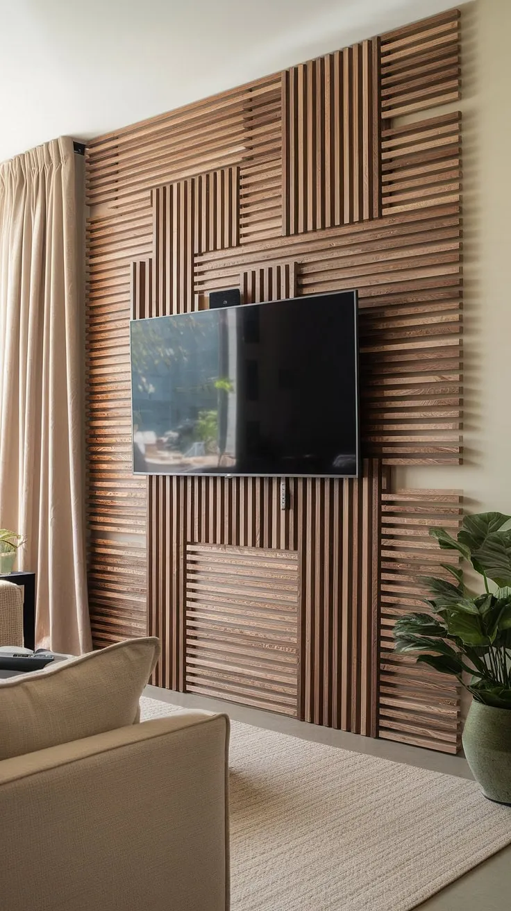 This DIY wood slat accent wall, featuring a mix of light and dark acoustic slat wood wall panels, completely transforms this living room.  The unique pattern adds warmth and texture, creating a stunning accent wall behind the TV and a focal point that's anything but ordinary.  The accent fireplace wall effect is a bonus!