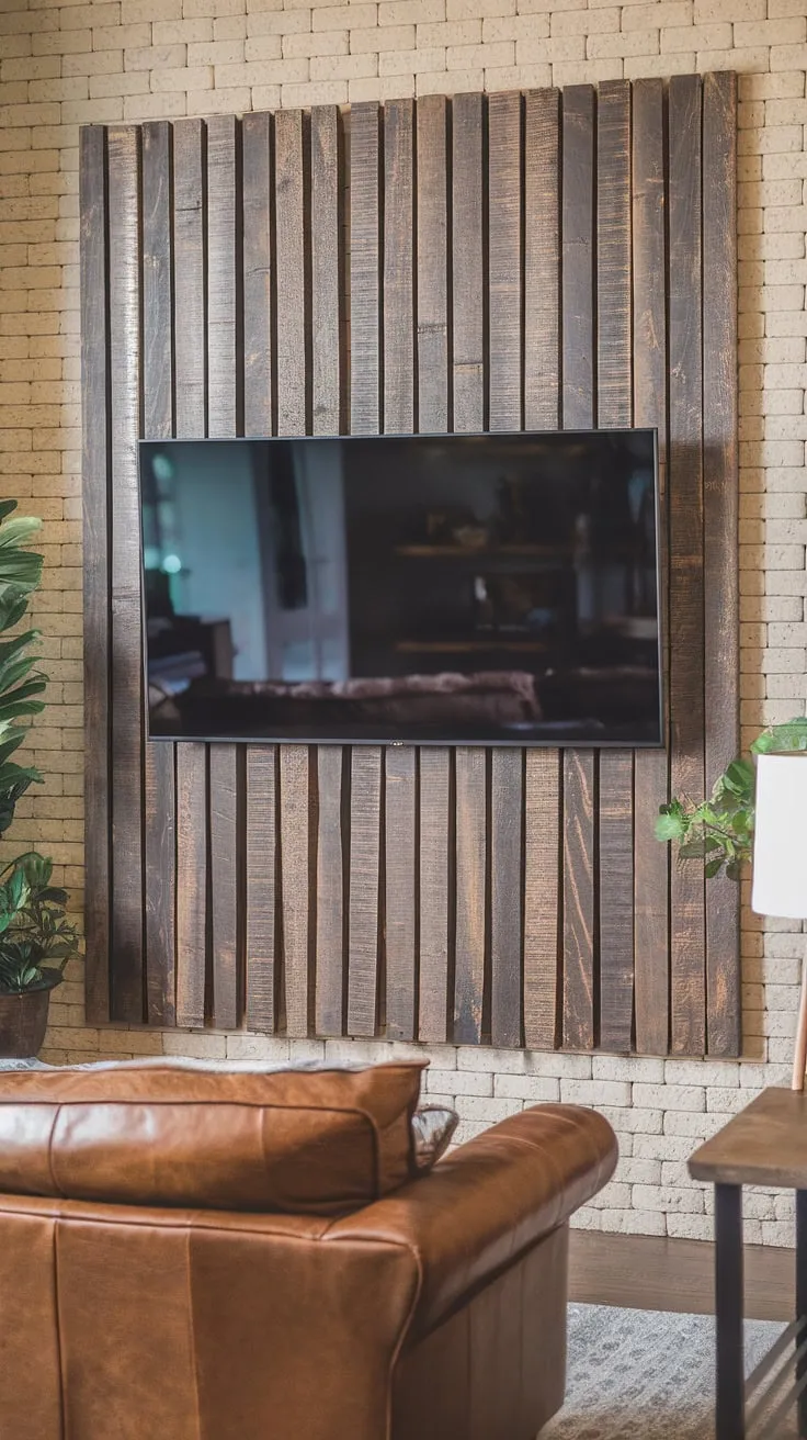 This rustic DIY wood slat accent wall, crafted from acoustic slat wood wall panels, completely transforms this living room.  The weathered texture adds warmth, creating the perfect backdrop for the TV and a cozy atmosphere, proving that accent wall ideas living room can be both stylish and functional. The accent fireplace wall (though not a fireplace itself) is a stunning focal point.