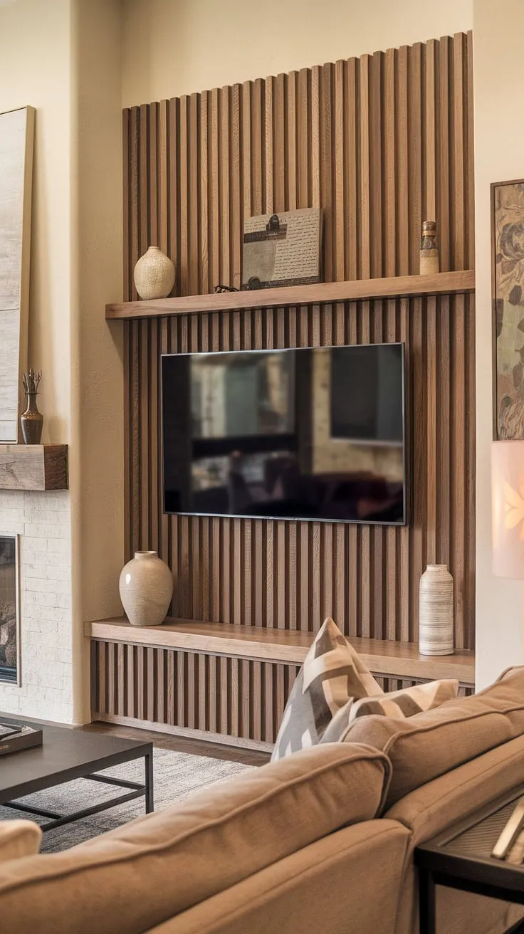 Cozy nights in are made even better with this DIY wood slat accent wall.  The acoustic slat wood wall panels not only add warmth and texture but also help create a wonderfully calming atmosphere, perfectly complementing the fireplace and making this accent wall behind TV a true focal point. This accent wall ideas living room project transformed the space, showcasing the beauty of simple accent wall panels.