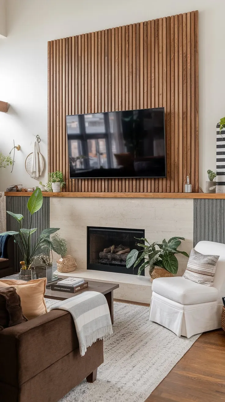This accent fireplace wall is anything but ordinary.  Our DIY wood slat accent wall, featuring acoustic slat wood wall panels, brings a unique dimension to the living room.  The accent wall behind TV is a showstopper, proving that simple accent wall ideas living room can have a huge impact.