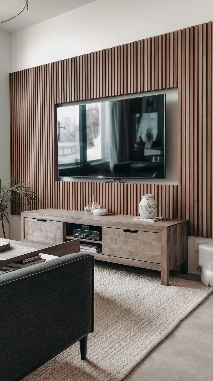 Transforming a living room with a stunning DIY wood slat accent wall.  The acoustic slat wood wall panels create a beautiful focal point behind the TV, effectively softening sound and adding warmth. This accent fireplace wall (though not a real fireplace) is a perfect example of accent wall ideas living room, showcasing the versatility of accent wall panels.