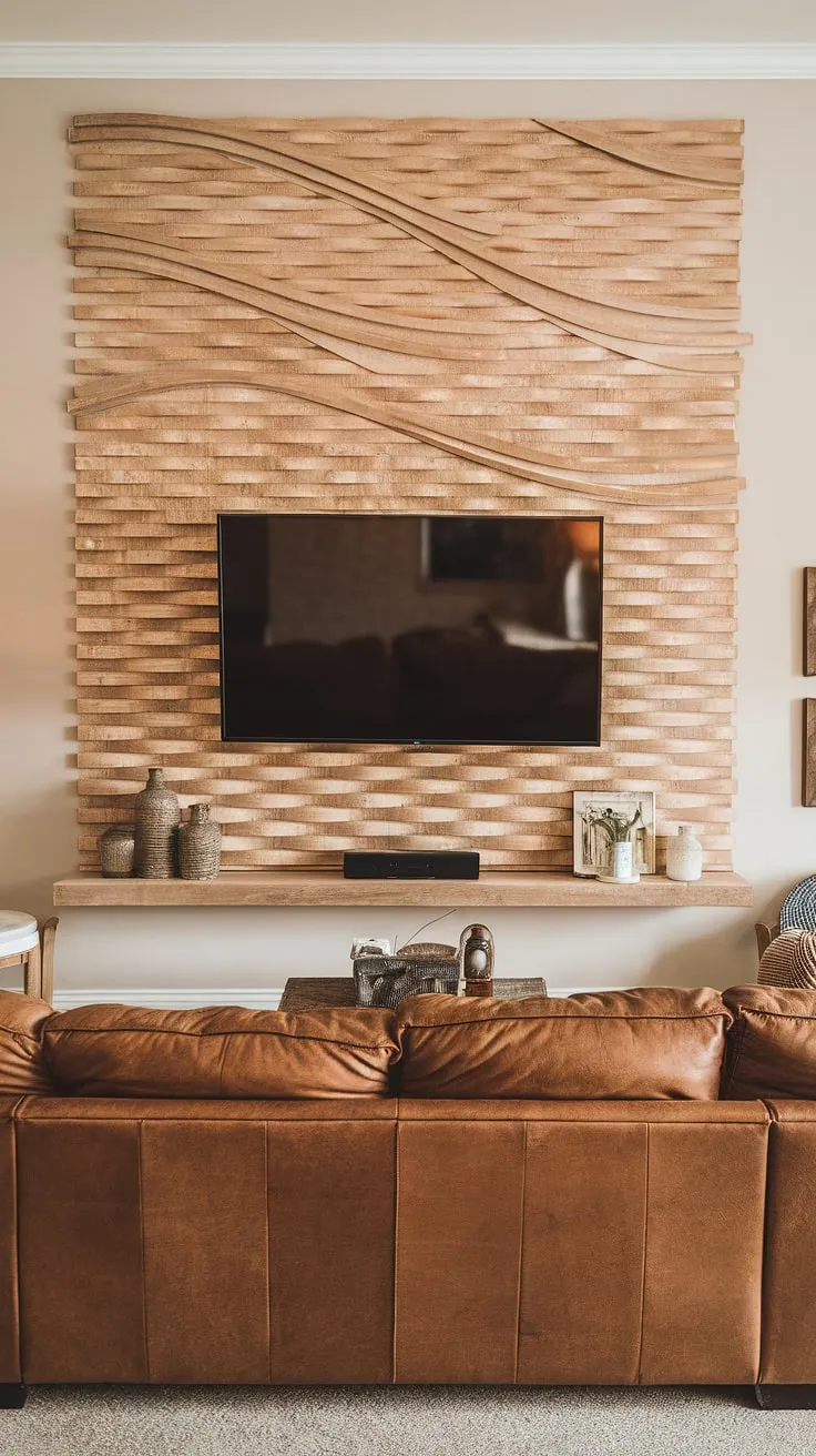 Transforming a blank wall into a statement piece! This DIY wood slat accent wall, acting as a stunning accent fireplace wall, adds warmth and texture to the living room.  The acoustic slat wood wall panels not only enhance the aesthetics but also improve the room's acoustics.  Perfect accent wall ideas living room, especially as an accent wall behind tv.