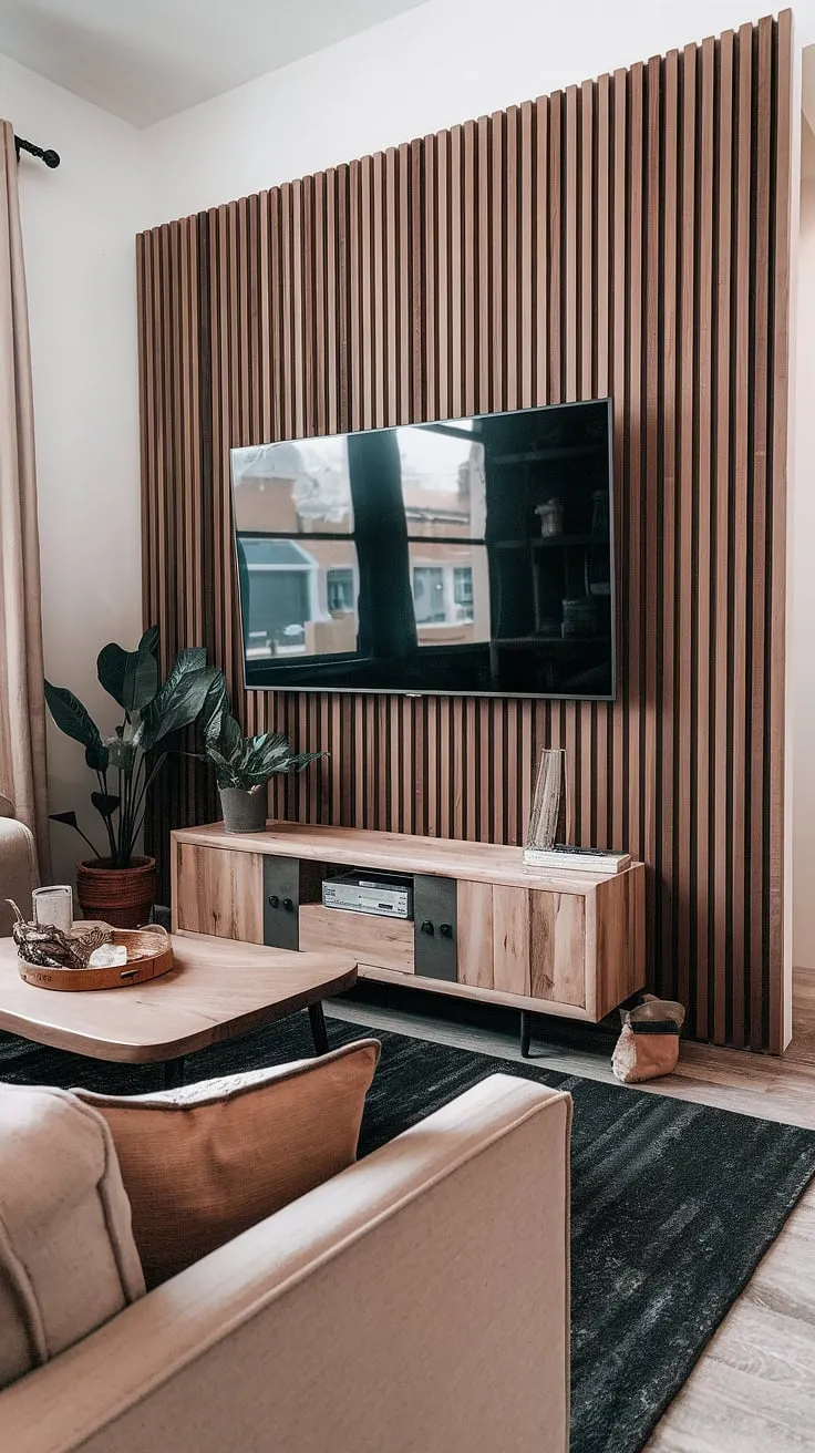 Transforming a living room with texture and style!  This DIY wood slat accent wall, featuring acoustic slat wood wall panels, creates a stunning focal point behind the TV, effectively functioning as an accent fireplace wall.  The warm wood tones complement the beige sofa and wooden coffee table, offering endless accent wall ideas living room.
