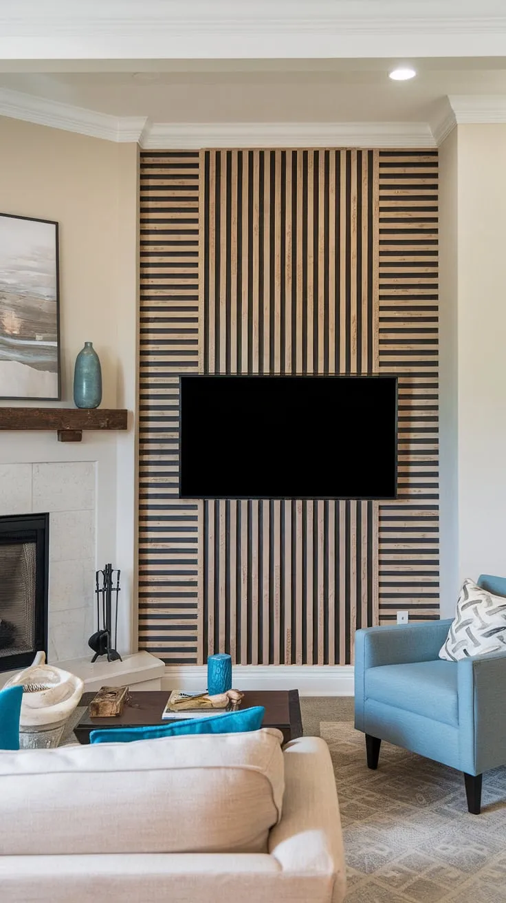The rich tones of this acoustic slat wood wall panels create a captivating accent wall behind tv.  This DIY wood slat accent wall project is a testament to how accent wall ideas living room can be both stylish and functional, adding visual interest and potentially improving acoustics. The fireplace and the carefully chosen furniture complete the look, making this accent fireplace wall the heart of the home.
