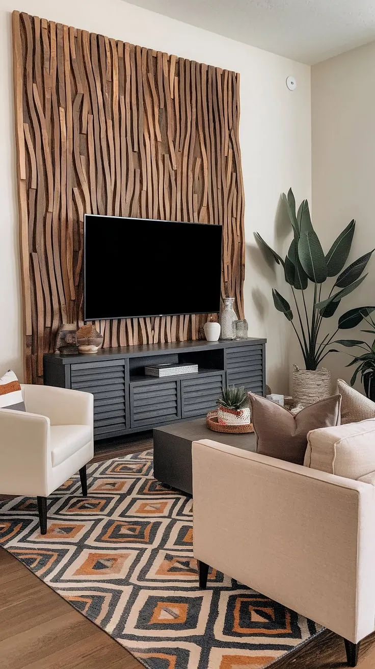 The striking accent fireplace wall (though not a real fireplace!) is the star of this living room.  Using accent wall panels to create this textured, wavy design was a smart choice.  The acoustic slat wood wall panels not only look amazing but also improve the room's acoustics.  This accent wall behind the TV is a masterclass in accent wall ideas for living rooms.
