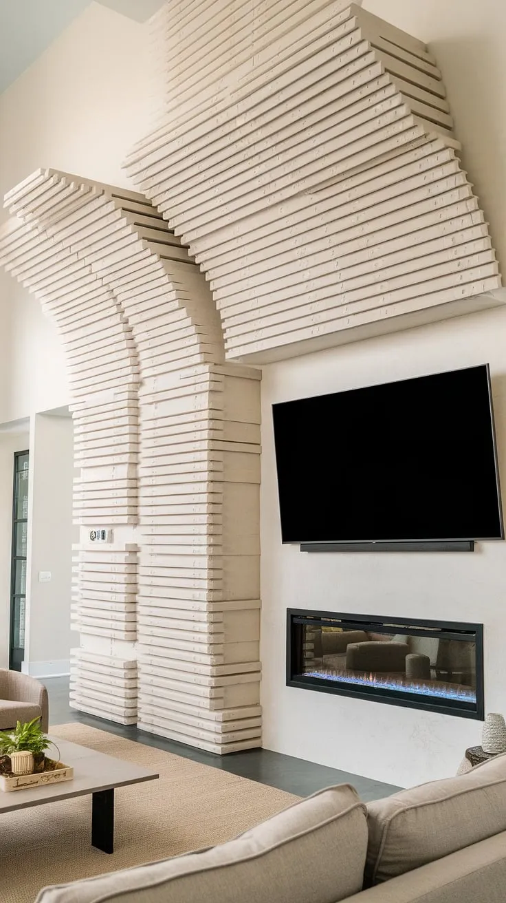 The textured, wavy pattern of this accent wall behind TV is achieved with acoustic slat wood wall panels, creating a unique and sophisticated focal point. This DIY wood slat accent wall is a testament to creative home design, perfectly complementing the modern fireplace and overall aesthetic.  Consider this your ultimate guide for accent wall ideas living room, showcasing the transformative power of accent wall panels.