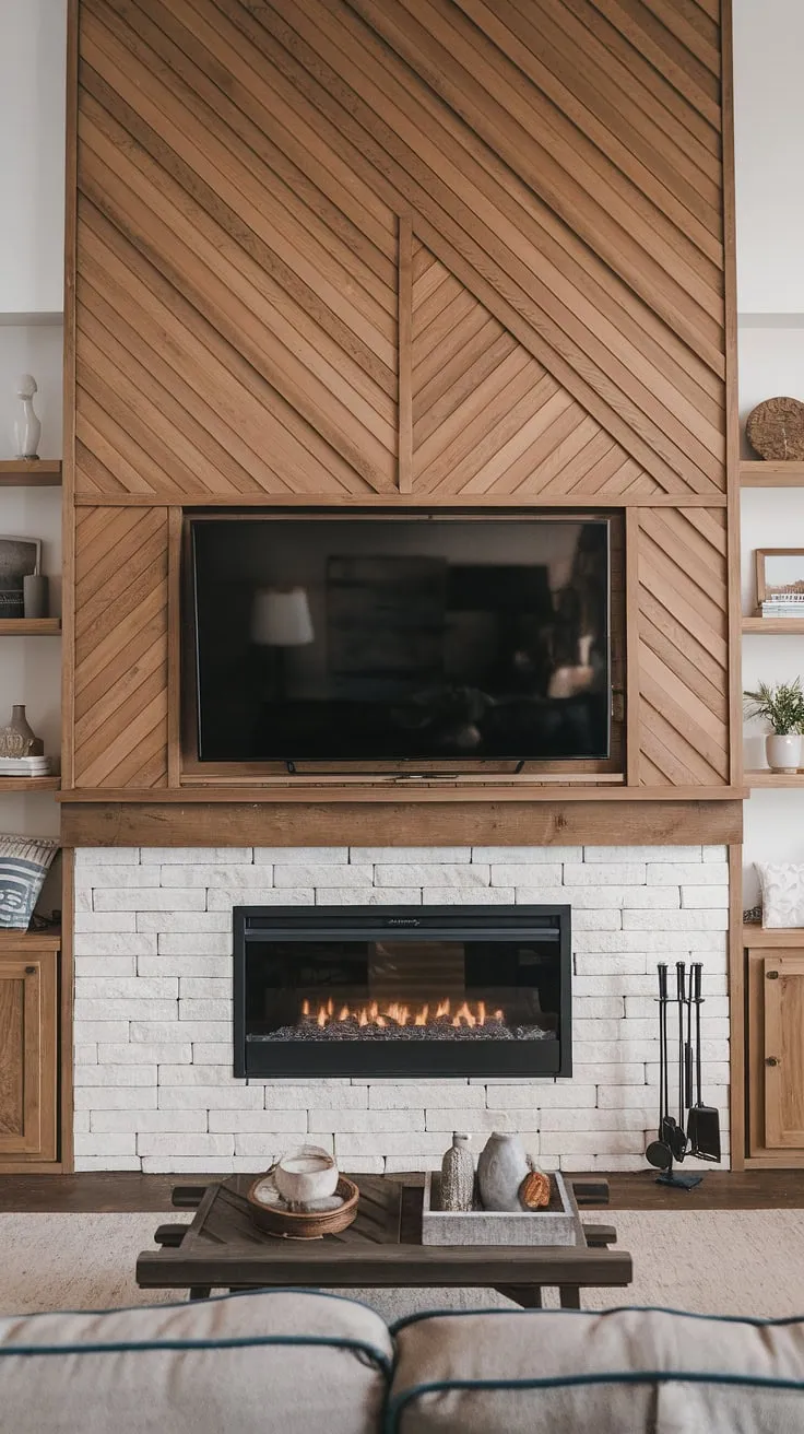 This cozy living room gets a dramatic upgrade with a stunning DIY wood slat accent wall. The varying widths of the acoustic slat wood wall panels create a unique texture, perfectly framing the TV and complementing the warmth of the fireplace below.  This accent wall behind TV is a testament to the power of simple accent wall ideas living room.
