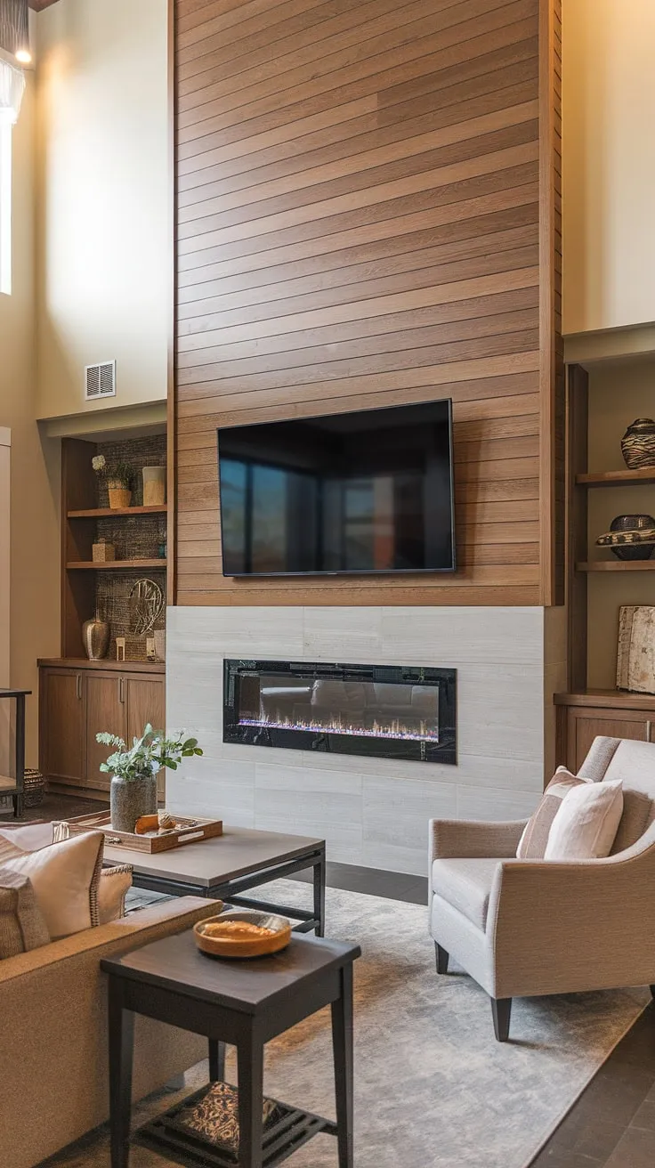 Warmth and style collide in this living room, anchored by a stunning DIY wood slat accent wall behind the TV.  The recessed fireplace adds a cozy focal point, showcasing the beauty of acoustic slat wood wall panels and offering inspiration for your own accent wall ideas living room. This accent fireplace wall is the perfect blend of texture and function.