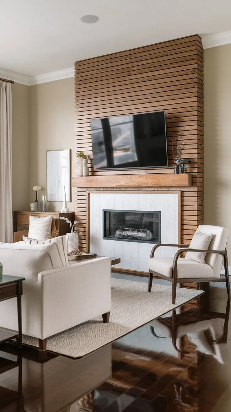 Transforming a living room with texture and warmth using a DIY wood slat accent wall behind the TV.  The acoustic slat wood wall panels create a stunning focal point, complementing the modern fireplace and neutral color scheme. This accent wall ideas living room project showcases the power of accent wall panels to add depth and sophistication.