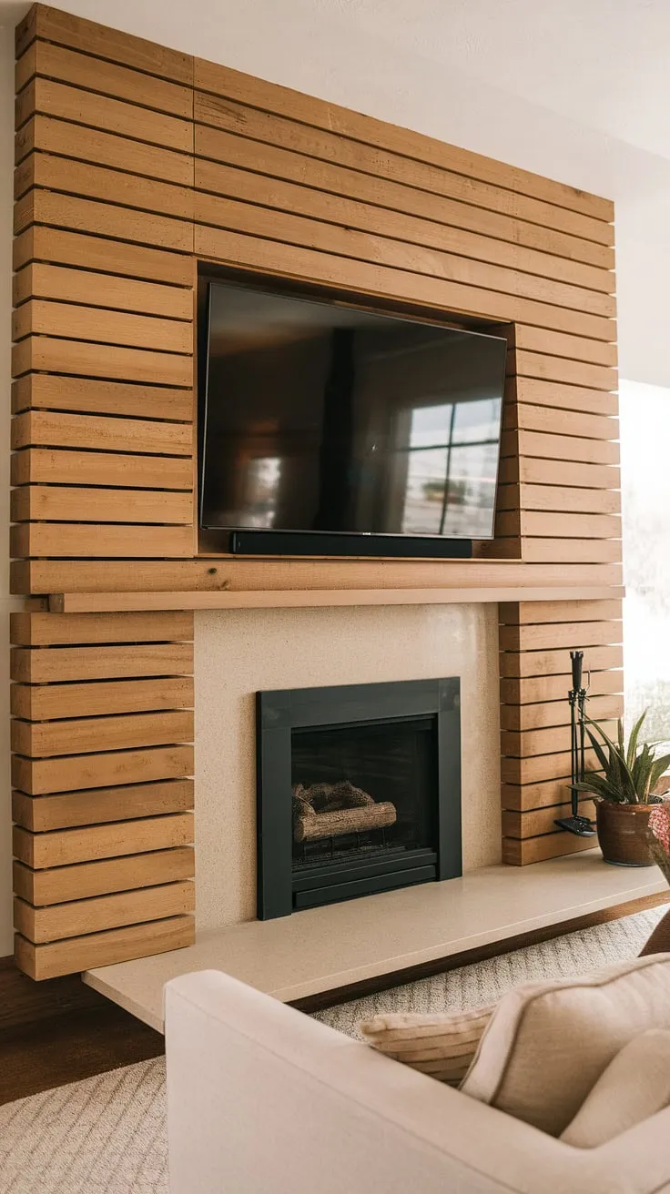 Transforming a living room with this DIY wood slat accent wall was easier than I thought!  The acoustic slat wood wall panels not only add warmth and texture behind the TV, but also create a stunning focal point around the fireplace.  This accent fireplace wall is the perfect example of accent wall ideas living room, proving that even simple accent wall panels can make a big impact.