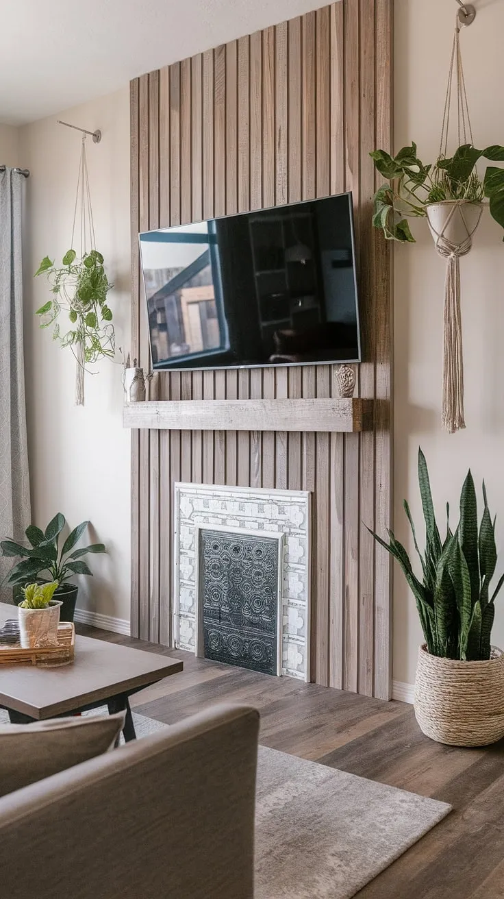 This DIY wood slat accent wall completely transforms the living room, creating a stunning focal point behind the TV and showcasing the beautiful accent fireplace.  The acoustic slat wood wall panels not only add visual interest but also enhance the room's acoustics, making it a cozy and stylish space.  Plenty of accent wall ideas living room are brought to life here with this unique design.