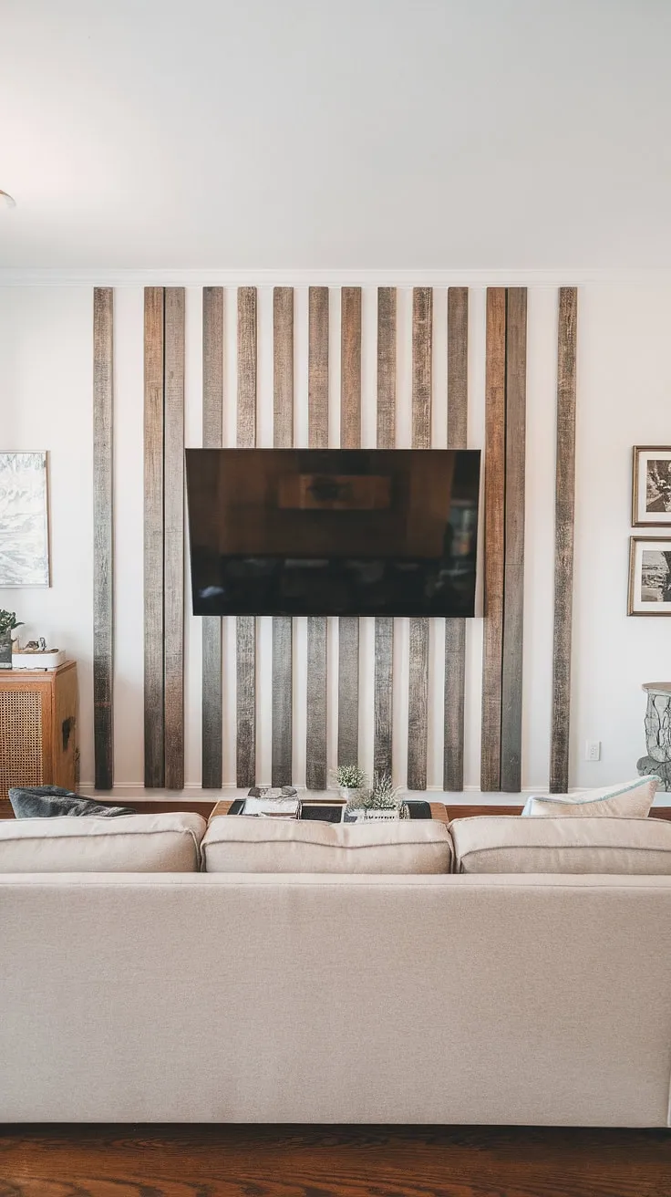 Elevate your living room with this easy DIY project!  The vertical acoustic slat wood wall panels create a captivating accent wall behind the TV, adding warmth and visual interest.  Forget a typical accent fireplace wall; this diy wood slat accent wall offers a unique and modern solution, showcasing some of the best accent wall ideas living room.  The result?  A space filled with texture and personality thanks to these simple accent wall panels.