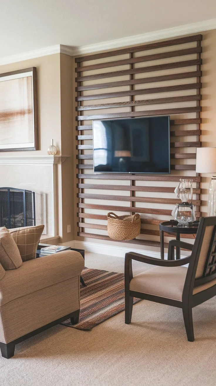 Transforming a living room with simple elegance. This DIY wood slat accent wall behind the TV adds warmth and texture, creating a stunning focal point. The acoustic slat wood wall panels not only enhance the aesthetics but also improve the room's acoustics.  This accent fireplace wall, combined with the carefully chosen accent wall panels, showcases a perfect blend of DIY charm and sophisticated design.  These accent wall ideas living room are easy to replicate and add a touch of rustic modern style.