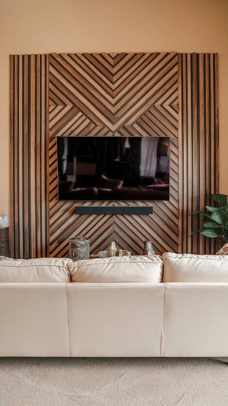 This DIY wood slat accent wall behind the TV completely transforms the living room. The contrasting light and dark acoustic slat wood wall panels create a stunning focal point, adding warmth and texture.  A perfect example of accent wall ideas living room, this accent fireplace wall (though not a fireplace itself) is a showstopper.