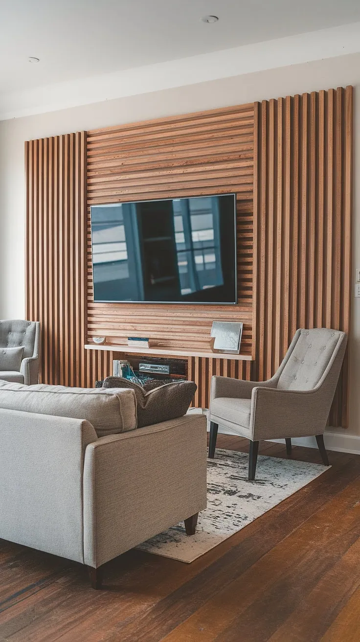 The rich texture of this accent wall behind the TV is captivating.  Using accent wall panels to create this diy wood slat accent wall was a smart choice; the vertical slats add a modern touch and the acoustic properties of the slat wood wall panels are a bonus.  This is a prime example of accent wall ideas living room, proving that a simple design can make a huge impact. The overall effect is sophisticated and inviting.