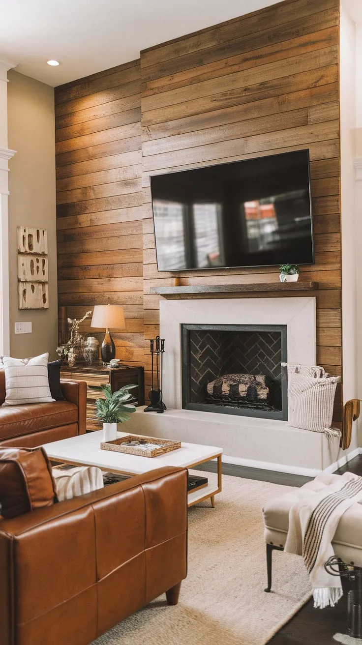 Transforming a living room with a DIY wood slat accent wall is easier than you think!  This acoustic slat wood wall panels project adds warmth and texture, creating a stunning focal point behind the fireplace and TV.  Perfect accent wall ideas living room, showcasing the versatility of accent wall panels.