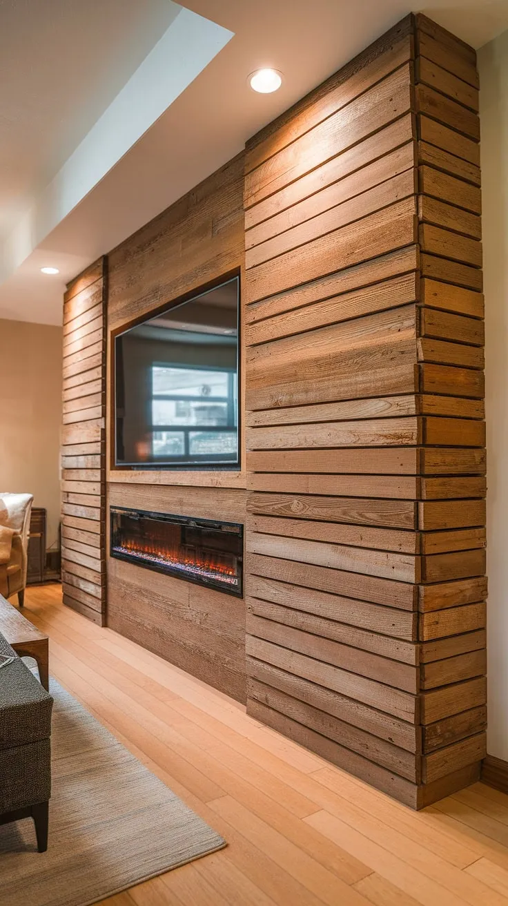 This living room's transformation is all about the details.  The accent fireplace wall, a show-stopping diy wood slat accent wall, adds depth and dimension.  The acoustic slat wood wall panels not only enhance the aesthetics but also improve the room's acoustics.  A prime example of accent wall ideas living room and a clever use of accent wall panels behind the TV.