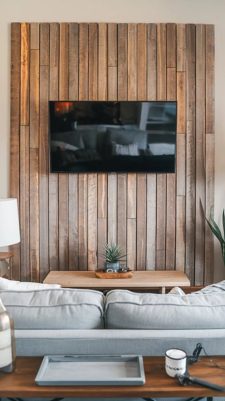 Transforming a living room with texture and warmth using this DIY wood slat accent wall behind the TV.  The acoustic slat wood wall panels create a stunning focal point, offering a unique take on accent fireplace wall ideas and showcasing the beauty of accent wall panels. This project effortlessly elevates the space, proving that even simple accent wall ideas living room can make a big impact.