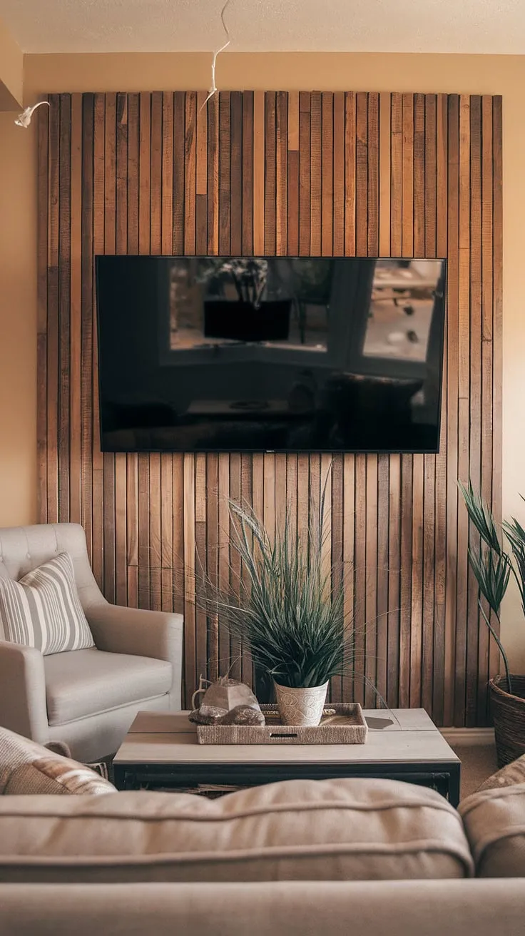 Warmth, texture, and acoustic brilliance—all thanks to this DIY wood slat accent wall!  Using affordable accent wall panels, I created an accent fireplace wall illusion behind the TV, instantly elevating the living room's ambiance.  This project showcases the versatility of acoustic slat wood wall panels and offers a fresh take on accent wall ideas living room.  The perfect blend of DIY charm and sophisticated design.