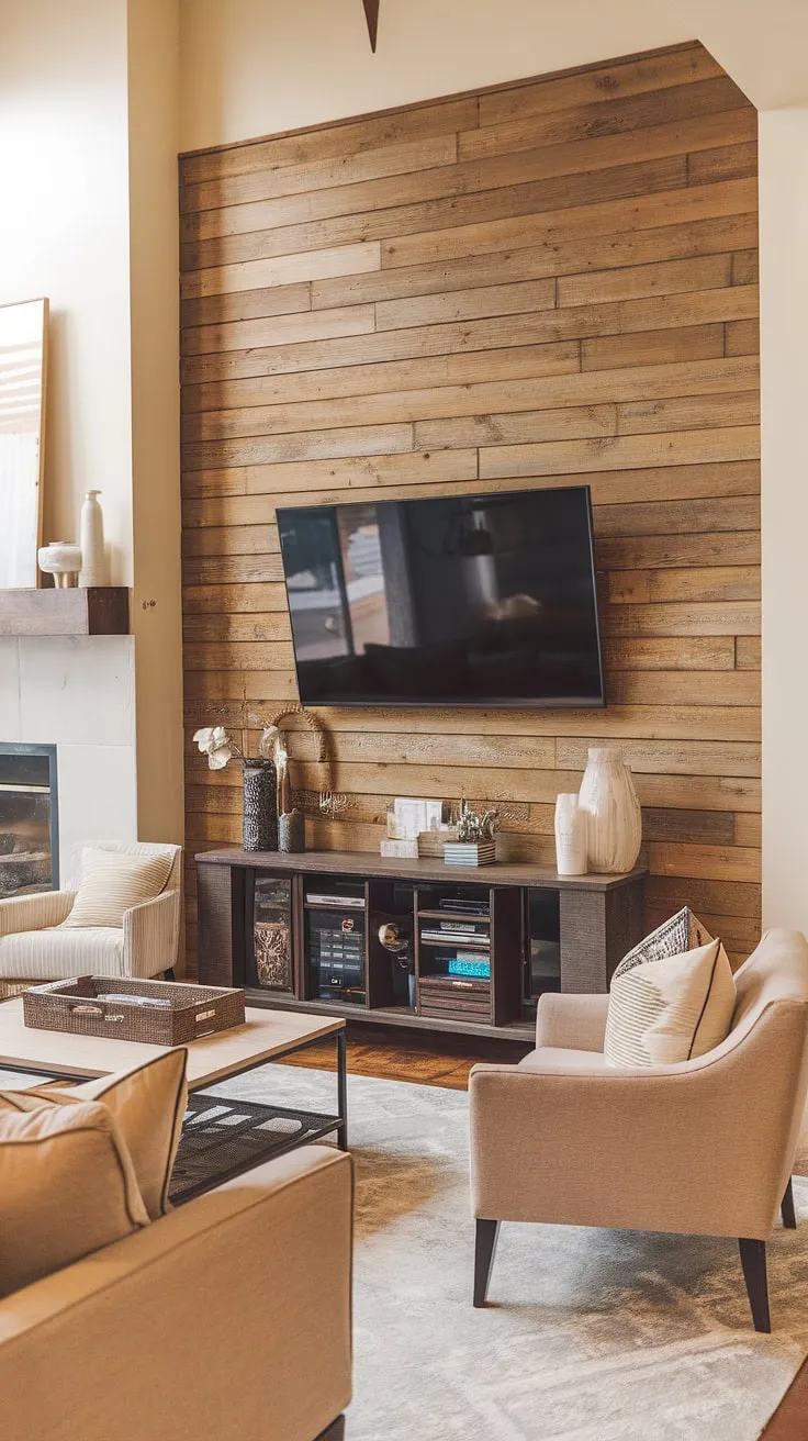 Warmth and texture meet modern convenience. This DIY wood slat accent wall, crafted from acoustic slat wood wall panels, transforms the living room, creating a stunning focal point behind the TV and complementing the existing accent fireplace wall.  The result?  A cozy haven showcasing unique accent wall ideas living room.