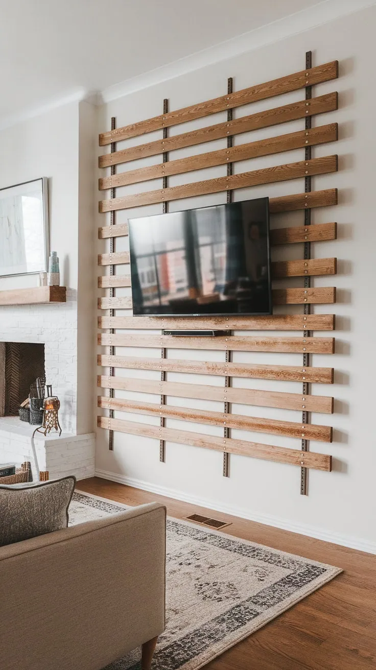 This living room's character comes alive with the addition of a DIY wood slat accent wall.  The horizontal arrangement of the accent wall panels, combined with the white fireplace and furniture, creates a calming atmosphere.  This accent fireplace wall is a testament to the power of simple DIY projects, offering both visual appeal and improved acoustics thanks to the acoustic slat wood wall panels.  A perfect example of accent wall ideas living room.