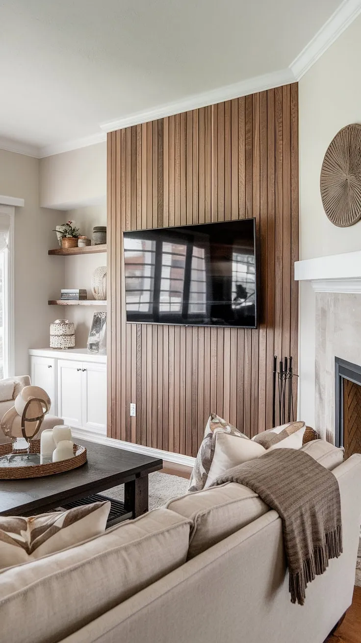 Warmth, texture, and improved acoustics—all thanks to this DIY wood slat accent wall!  The accent fireplace wall and accent wall panels create a cozy and sophisticated atmosphere.  Looking for accent wall ideas living room? This is a masterclass in using an accent wall behind tv to maximize impact.