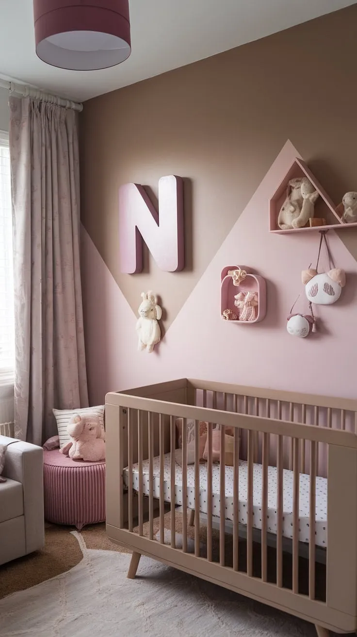 Dreamy and serene, this neutral purple nursery features a sashay sand Sherwin Williams light brown accent wall, perfectly complementing the taupe and pink nursery theme.  The crib on the window wall maximizes natural light, while the nursery decor accent wall, with its large "N" and adorable animals, adds a touch of playful charm.  This grey and mauve nursery, a sophisticated take on the mauve and brown nursery trend, creates a calming cinnamon slate nursery atmosphere.