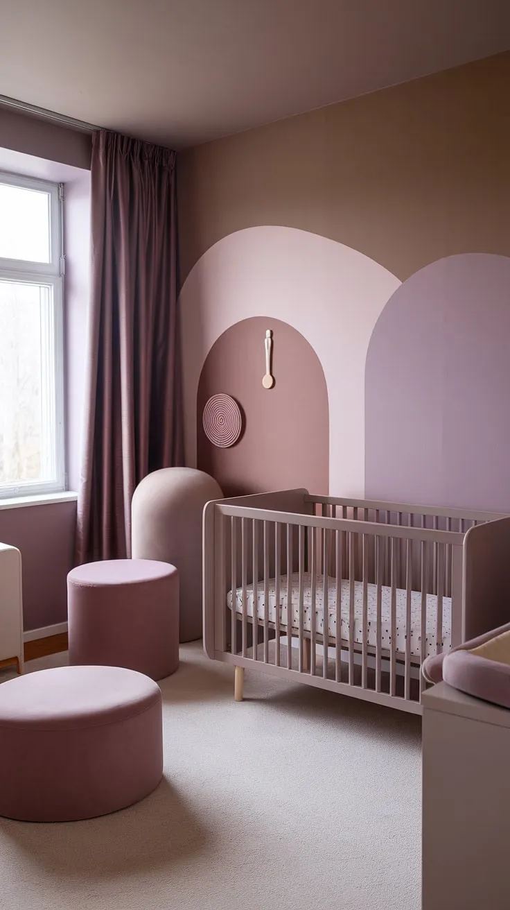 Dreamy and serene, this neutral purple nursery boasts a light brown accent wall, creating a warm and inviting space.  The taupe and pink accent wall adds a touch of sweetness, while the crib on the window wall maximizes natural light. Grey and mauve furniture complements the cinnamon slate nursery walls, perfectly balanced with the mauve and brown accent wall.  The sashay sand Sherwin Williams paint on the walls completes this sophisticated and calming nursery decor accent wall design.